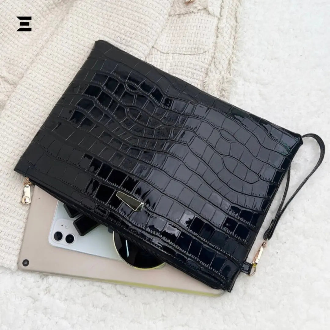 Shiny Crocodile Embossed Evening Wristlet Bag | Luxury Metal Decor Square Clutch for Women | IBRELIA™ IBRELIA