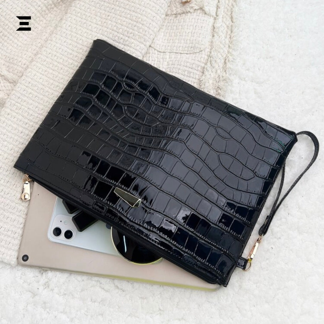 Shiny Crocodile Embossed Evening Wristlet Bag | Luxury Metal Decor Square Clutch for Women | IBRELIA™ IBRELIA