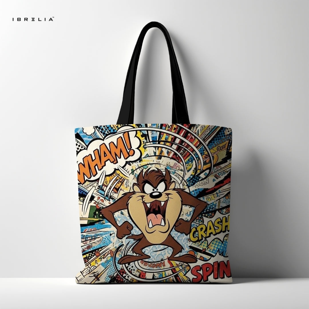 IBRELIA™ Tasmanian Comic Chaos Tote Bag – Retro Cartoon Pop Art Tote