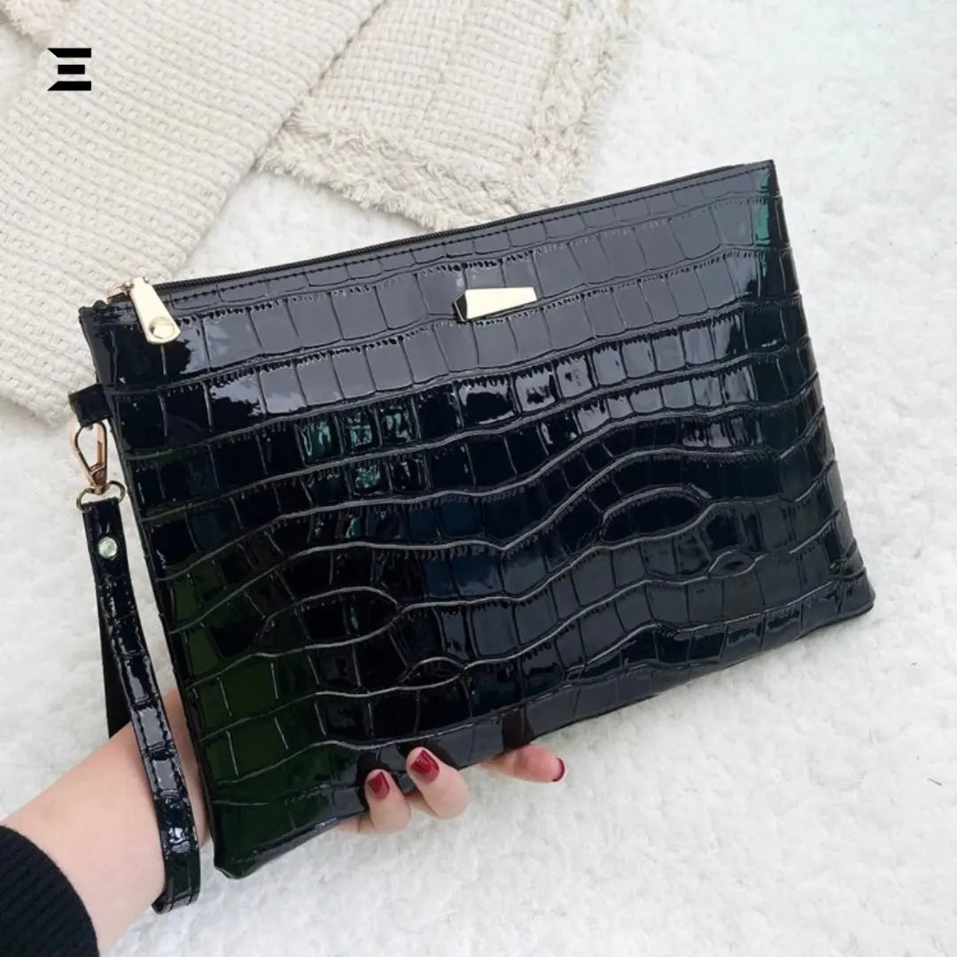 Shiny Crocodile Embossed Evening Wristlet Bag | Luxury Metal Decor Square Clutch for Women | IBRELIA™ IBRELIA