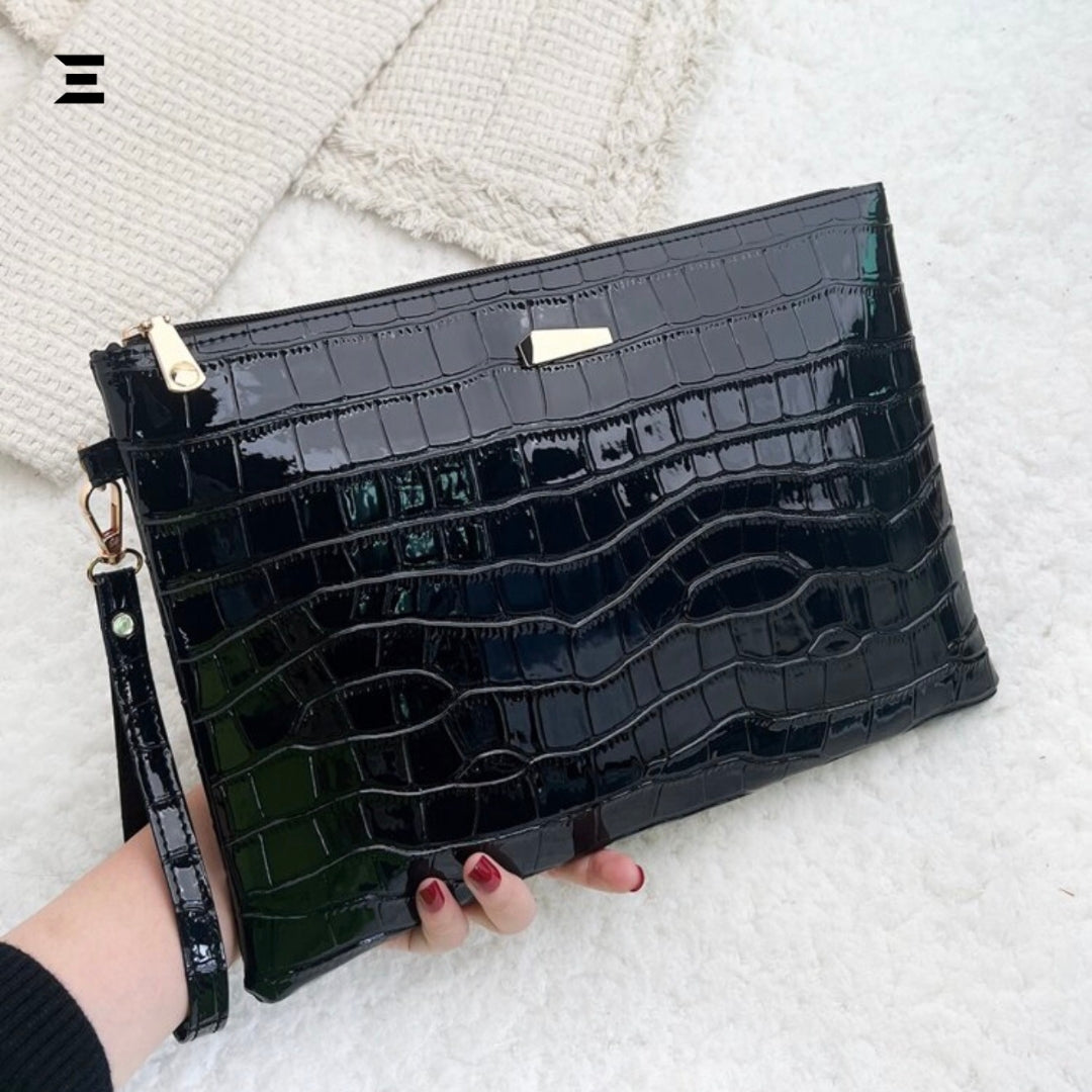 Shiny Crocodile Embossed Evening Wristlet Bag | Luxury Metal Decor Square Clutch for Women | IBRELIA™ IBRELIA