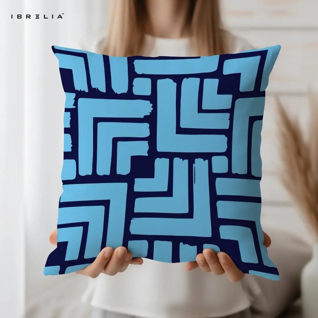 Abstract Geometric Cushion | Blue Maze Pattern Design | Modern Minimal Cushion | IBRELIA™ IBRELIA