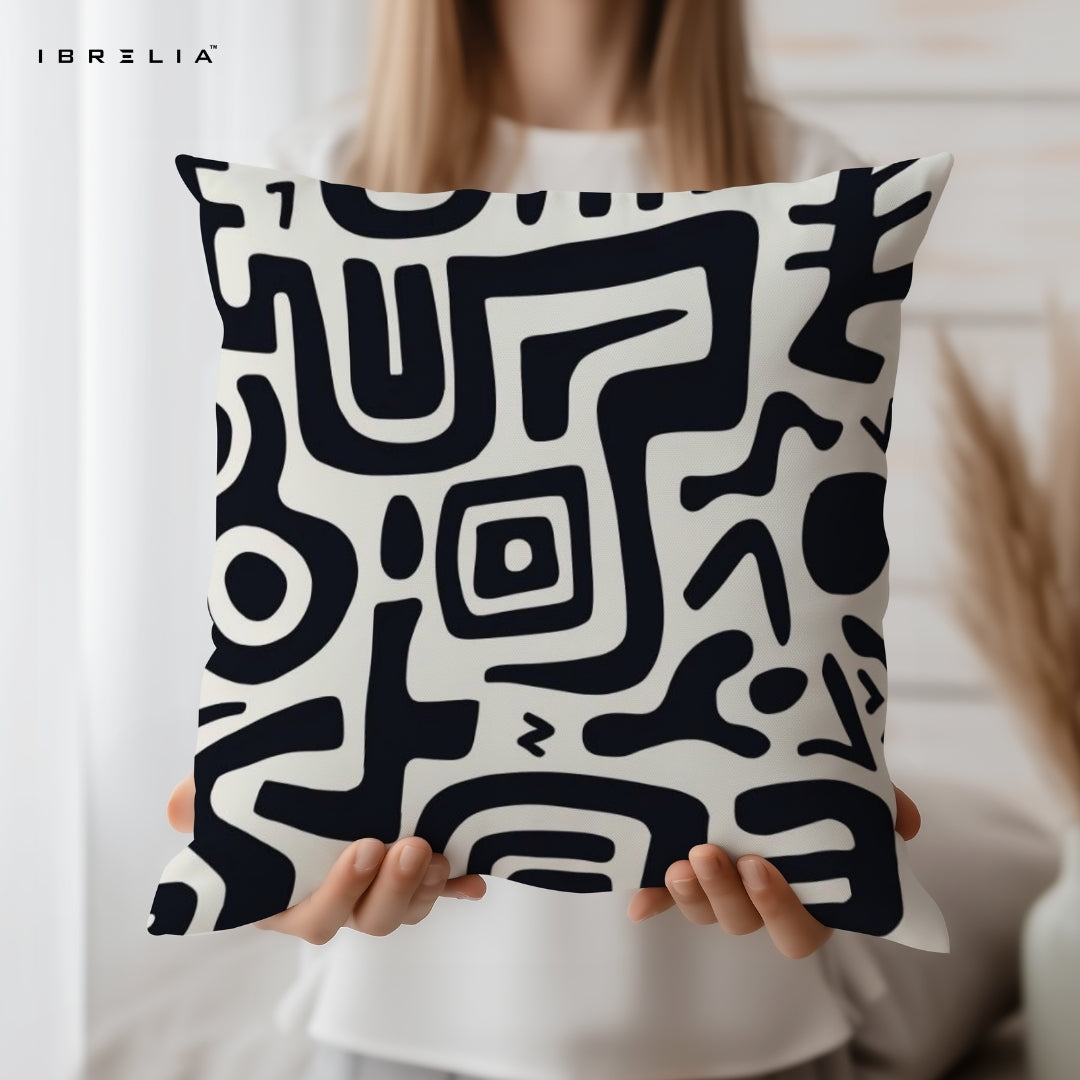 Abstract Line Art Cushion | Black & White Modern Pattern | Minimal Aesthetic Cushion | IBRELIA™ IBRELIA