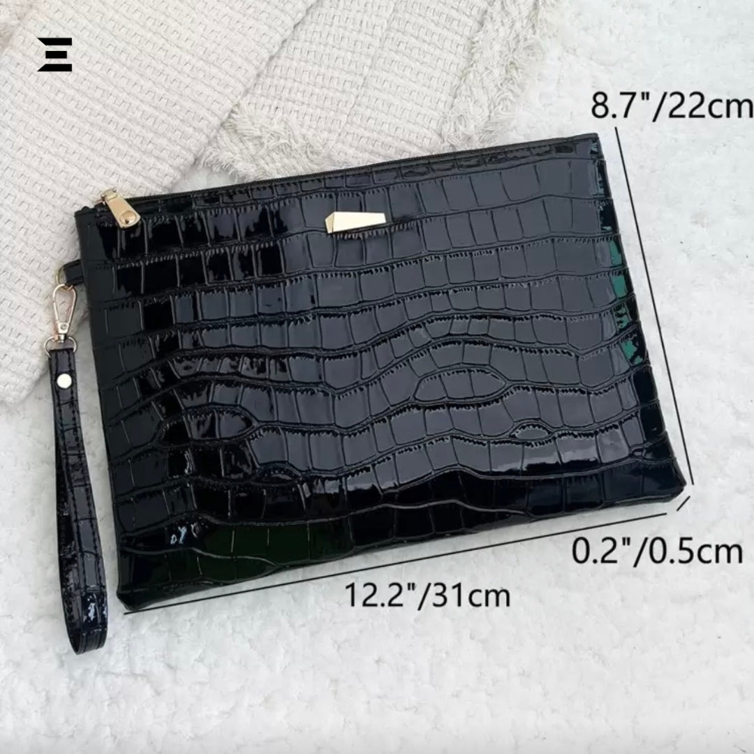Shiny Crocodile Embossed Evening Wristlet Bag | Luxury Metal Decor Square Clutch for Women | IBRELIA™ IBRELIA