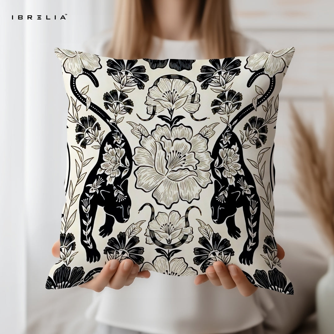 Black Panther Floral Cushion | Luxury Animal Pattern Cushion | Monochrome Decorative Cushion | IBRELIA™ IBRELIA