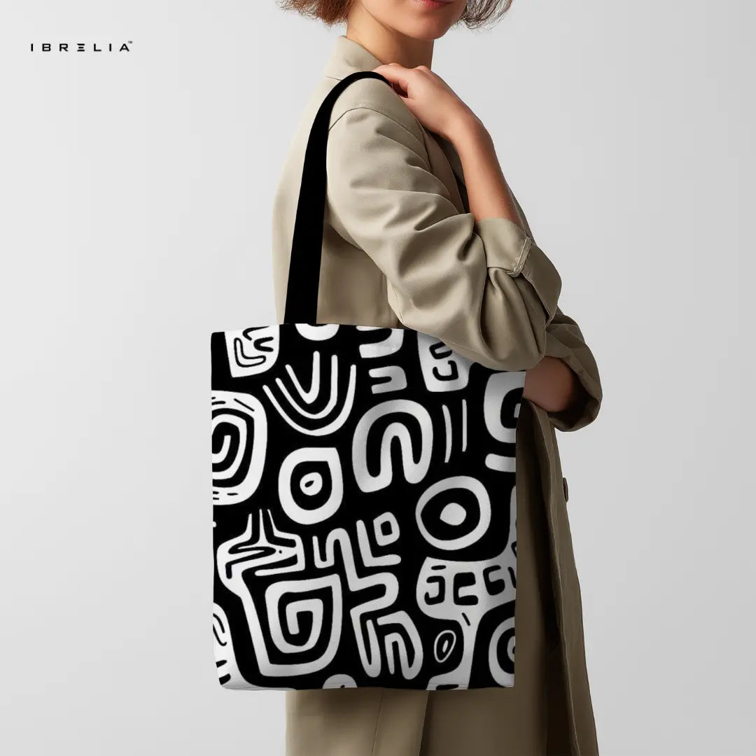 IBRELIA™ Monochrome Abstract Pattern Premium Jute Tote Bag with Velvet Handles & Inner Zip Pocket IBRELIA