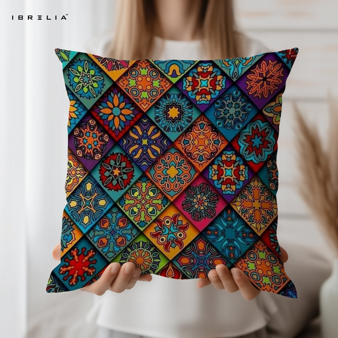 Colorful Tile Pattern Cushion | Moroccan Geometric Cushion | Boho Mosaic Decorative Cushion | IBRELIA™ IBRELIA