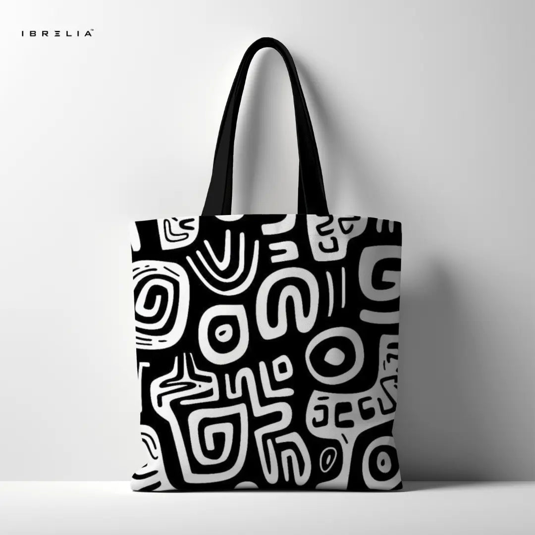 IBRELIA™ Monochrome Abstract Pattern Premium Jute Tote Bag with Velvet Handles & Inner Zip Pocket IBRELIA