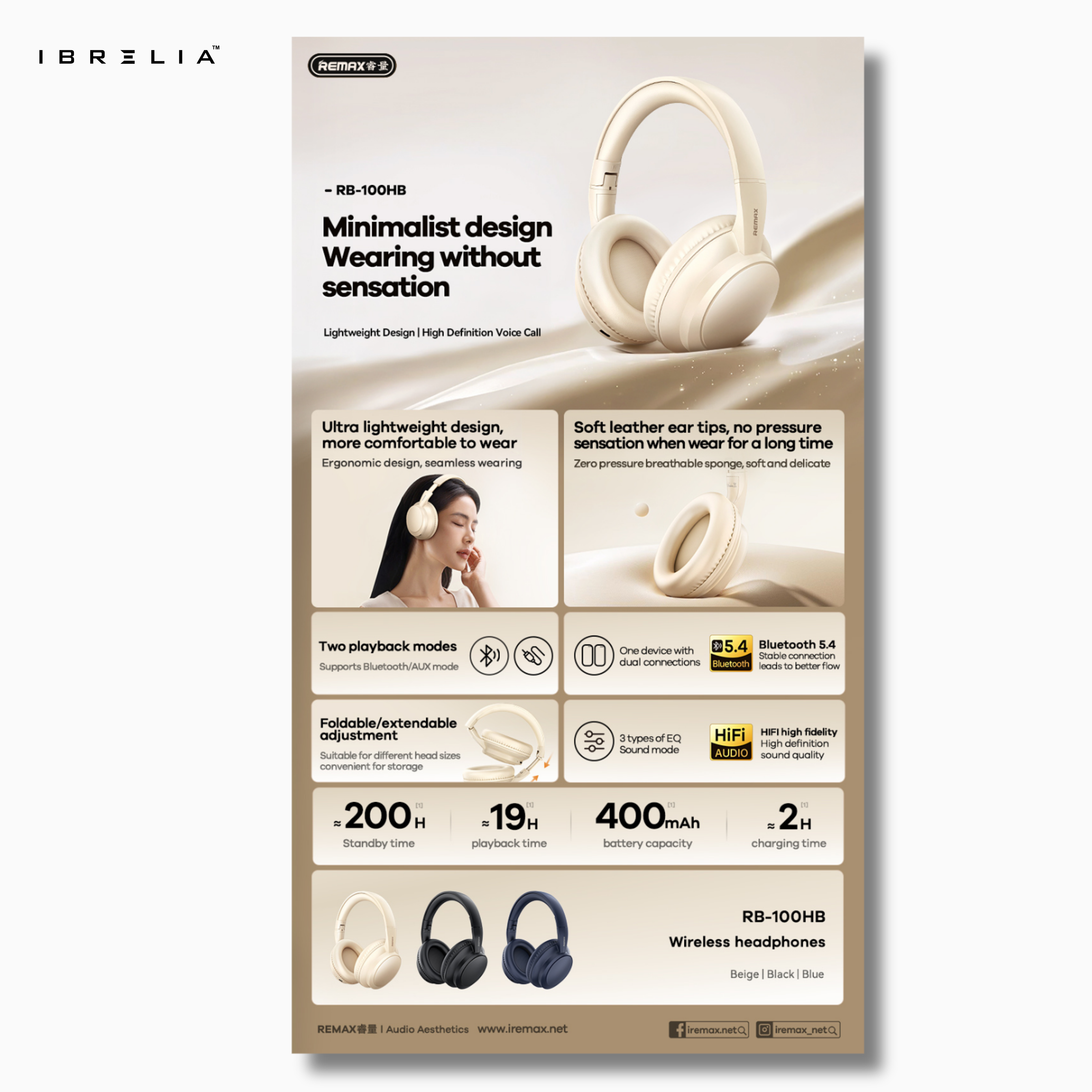 REMAX RB-100HB Wireless Headphones | Foldable Design | 3 EQ Sound Modes | Lightweight Comfort | IBRELIA™ IBRELIA