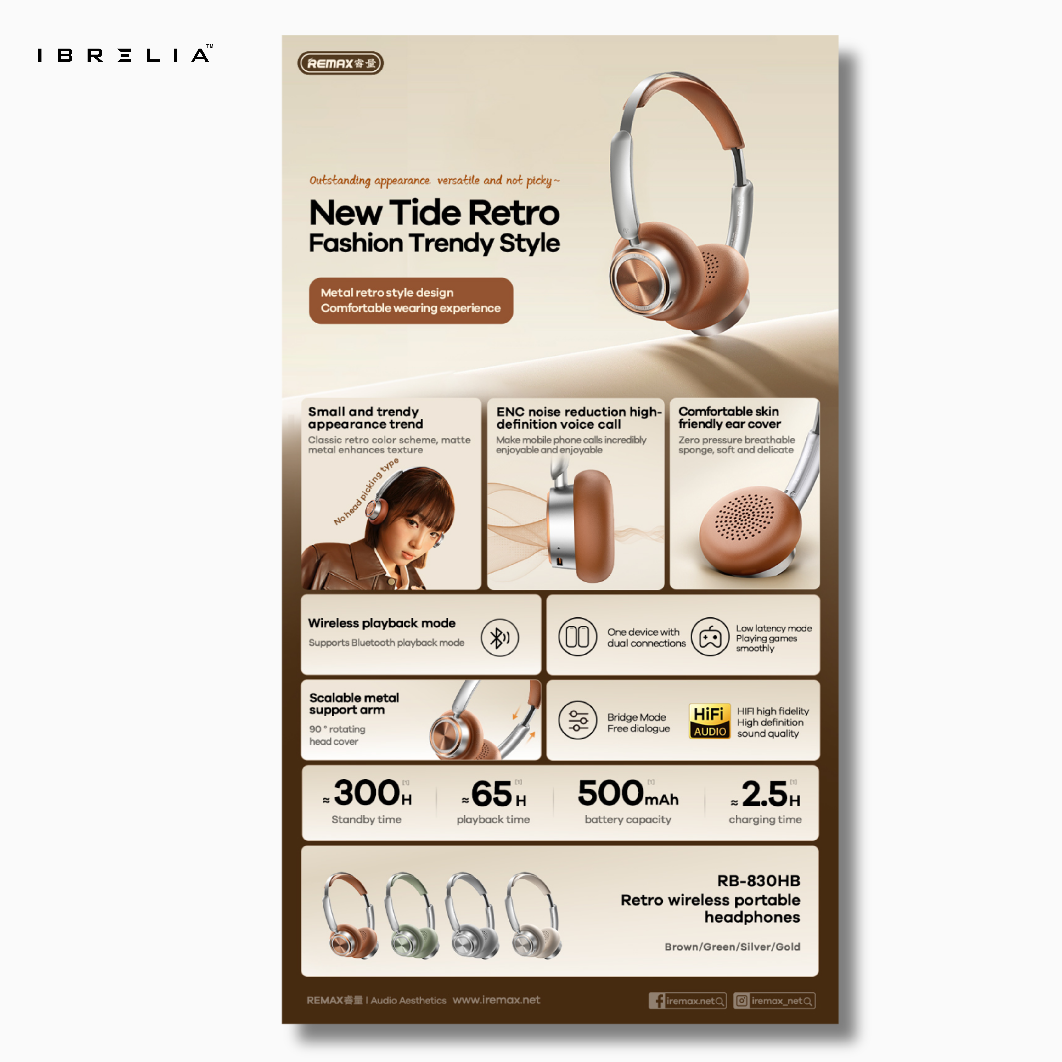 REMAX RB-830HB Retro Wireless Headphones | ENC Calling + 65h Battery | Portable Foldable Design | IBRELIA™ IBRELIA