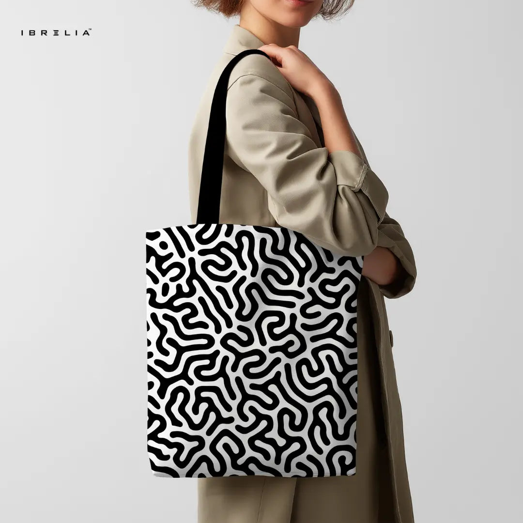 IBRELIA™ Black & White Organic Pattern Premium Jute Tote Bag with Velvet Handles & Inner Zip Pocket IBRELIA