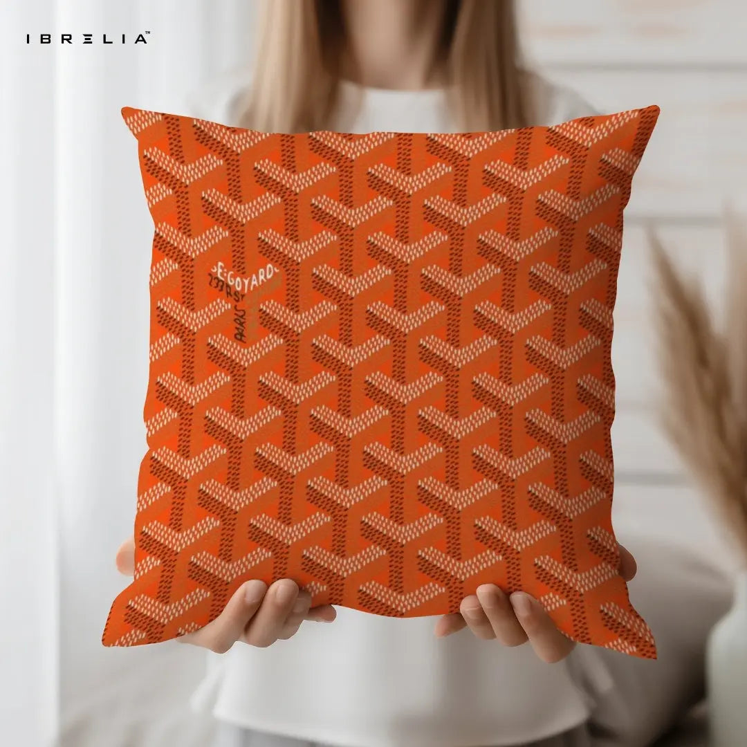 Luxury Orange Monogram Cushion 15x15 Inch | Premium Pattern Designer Pillow | IBRELIA™ IBRELIA