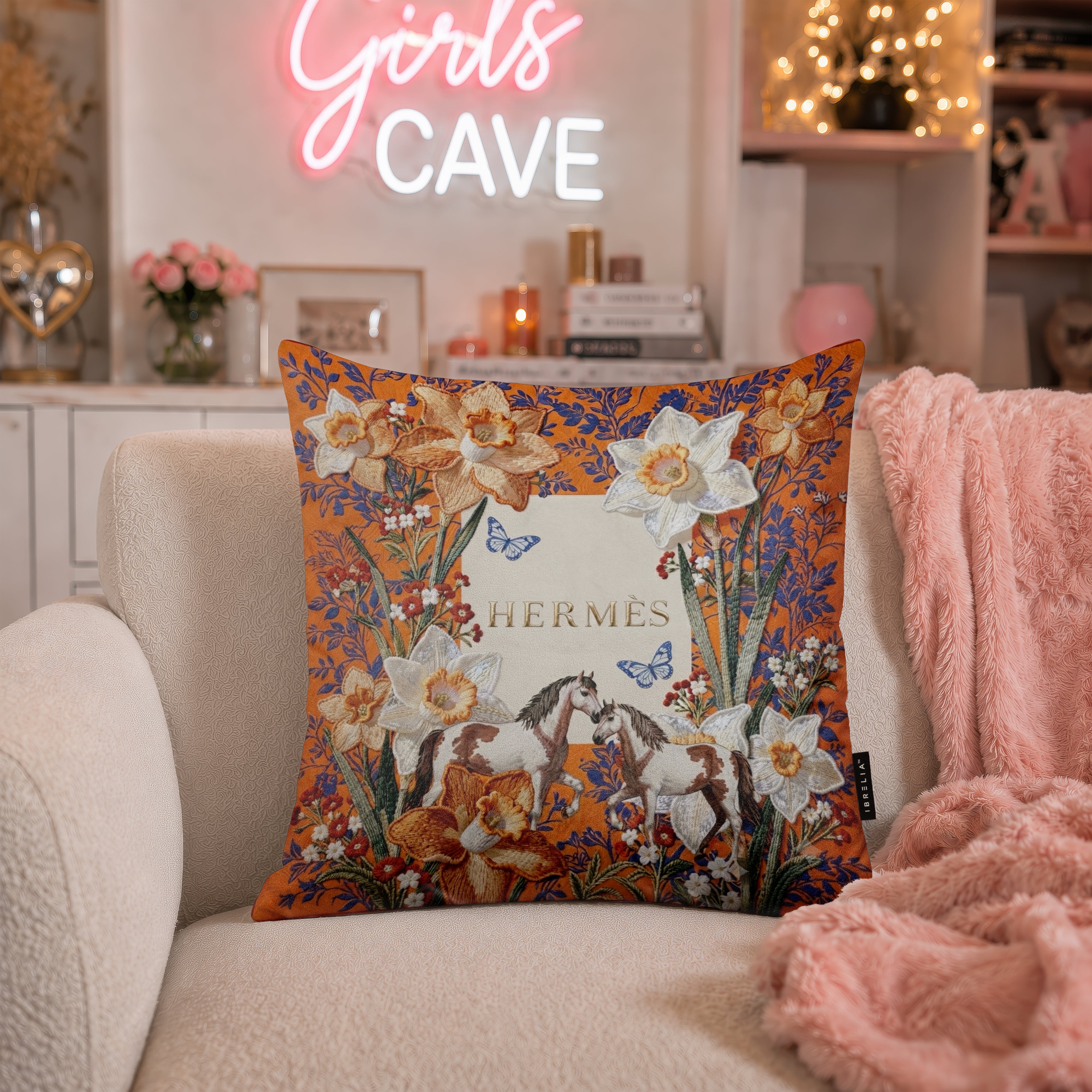 Luxury Hermès Floral Horse Designer Cushion | Premium Velvet Suede | Double-Sided Print