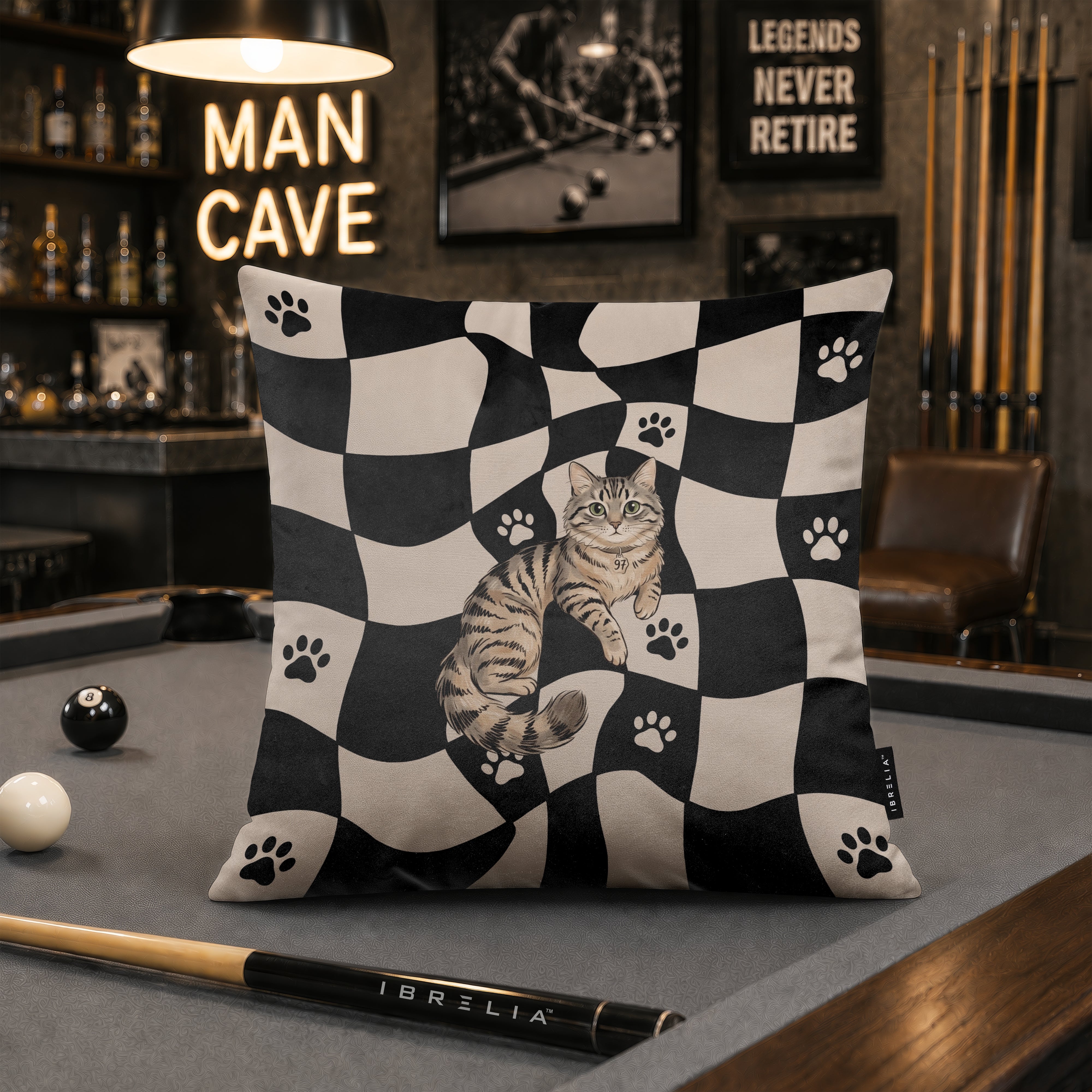 Cute Tabby Cat Checkerboard Cushion | Premium Velvet Suede | Double-Sided Print