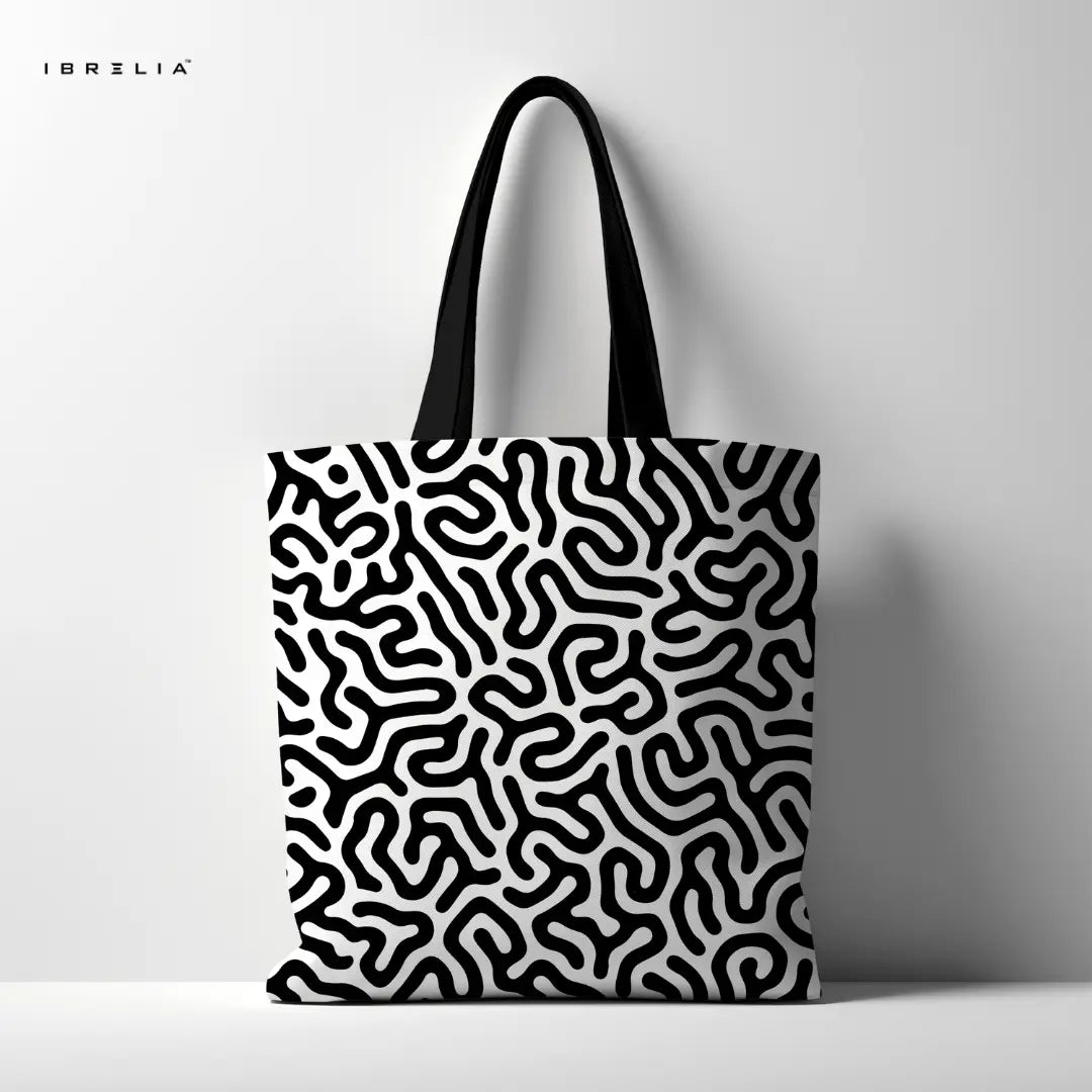 IBRELIA™ Black & White Organic Pattern Premium Jute Tote Bag with Velvet Handles & Inner Zip Pocket IBRELIA
