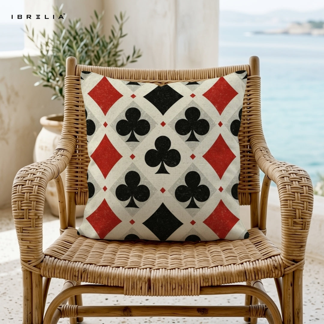 Playing Cards Pattern Cushion – 15x15 Inch Decorative Pillow | Casino Style Cushion | Double-Sided Print | Premium Fibre Filling | IBRELIA™ IBRELIA