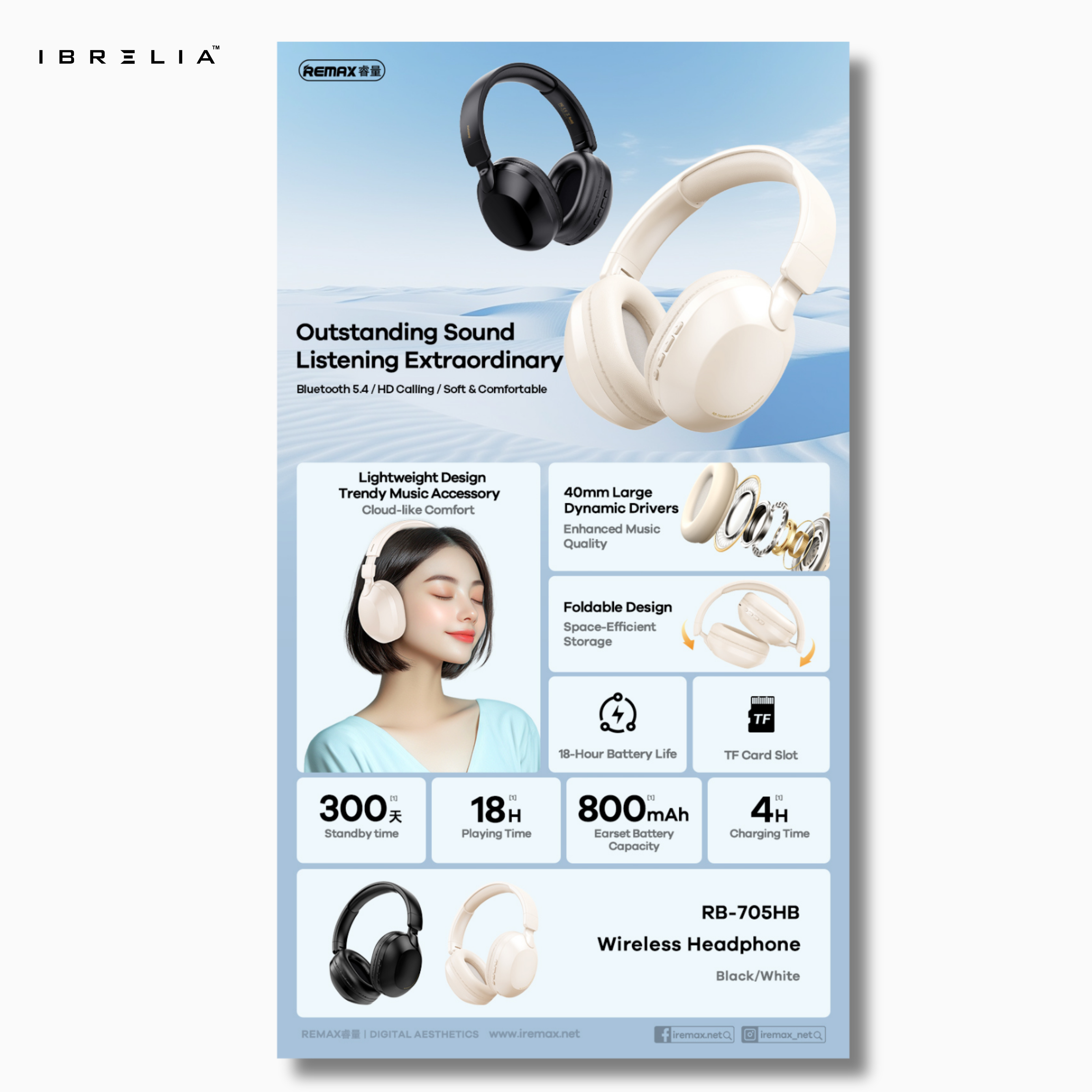 REMAX RB-705HB Wireless Headphones | Deep Bass Surround Sound | TF Card Support | Adjustable Headband | IBRELIA™ IBRELIA