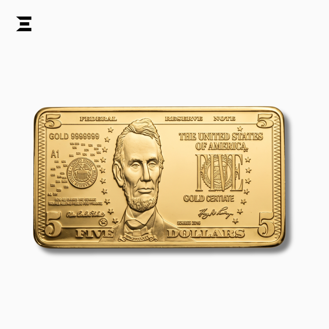 United States Five Dollar Gold-Tone Collectible Bar | Double-Sided Embossed Miniature Display Piece