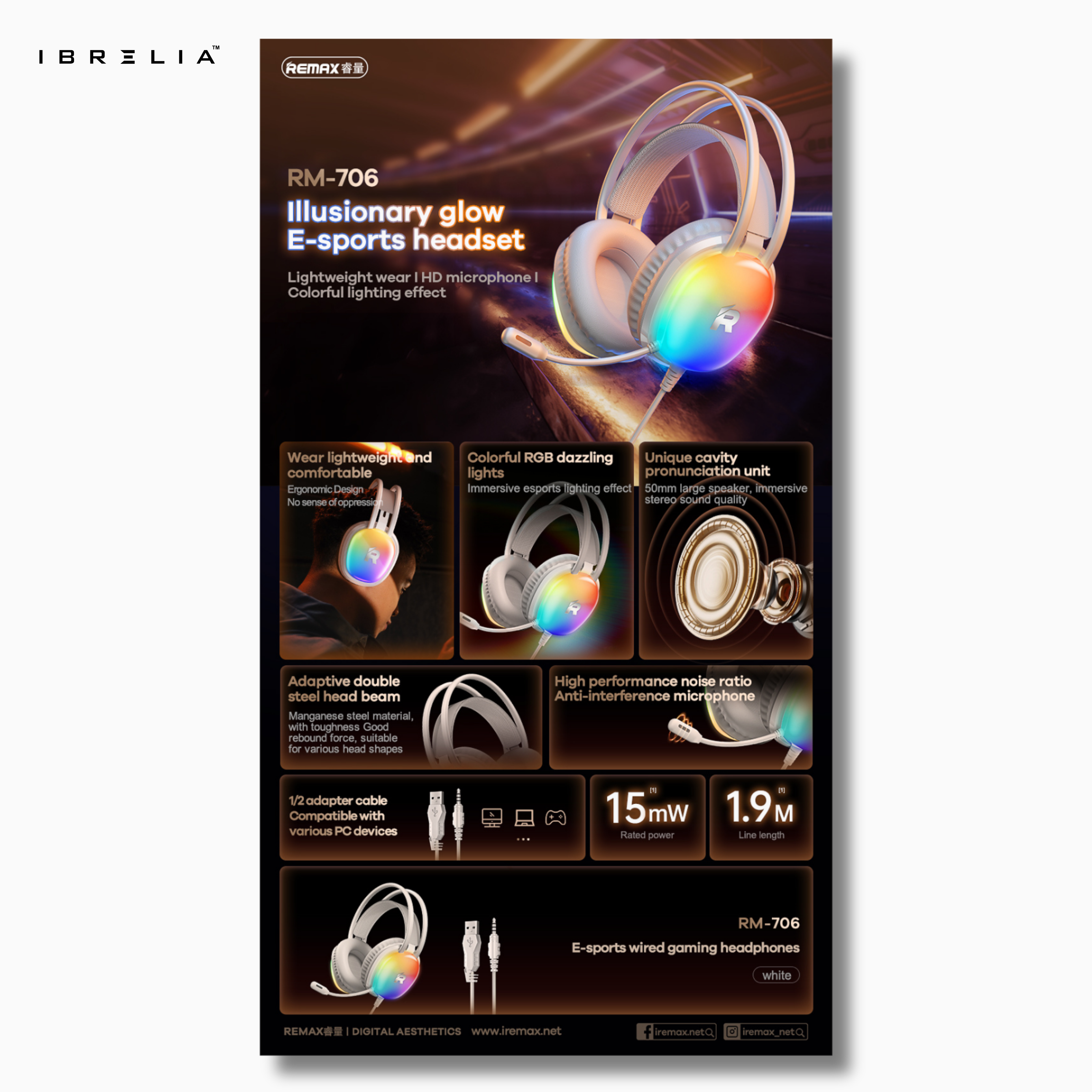 REMAX RM-706 Gaming Wired Headphones | RGB Lights | Noise-Reducing Mic | Lightweight Gaming Comfort | IBRELIA™ IBRELIA