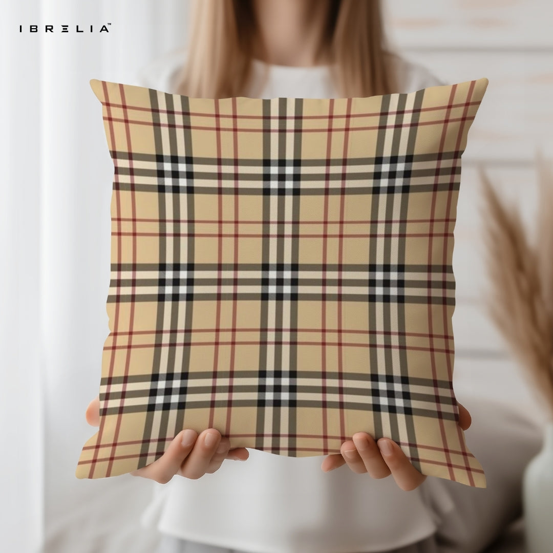 Classic Beige Checkered Cushion – 15x15 Inch Decorative Pillow | Elegant Plaid Cushion | Double-Sided Print | Premium Fibre Filling | IBRELIA™ IBRELIA