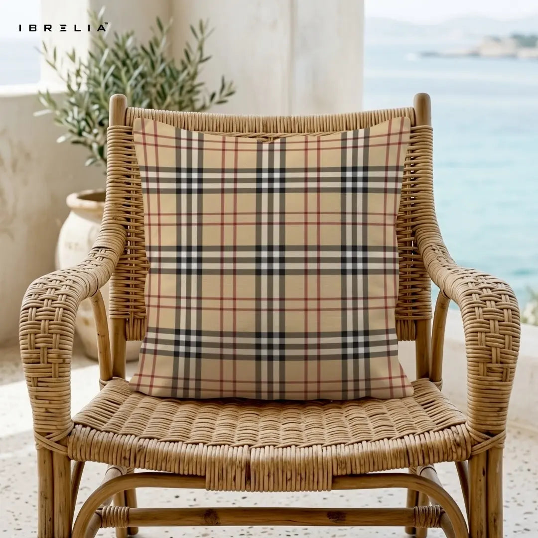 Classic Beige Checkered Cushion – 15x15 Inch Decorative Pillow | Elegant Plaid Cushion | Double-Sided Print | Premium Fibre Filling | IBRELIA™ IBRELIA
