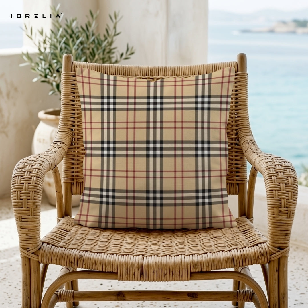Classic Beige Checkered Cushion – 15x15 Inch Decorative Pillow | Elegant Plaid Cushion | Double-Sided Print | Premium Fibre Filling | IBRELIA™ IBRELIA