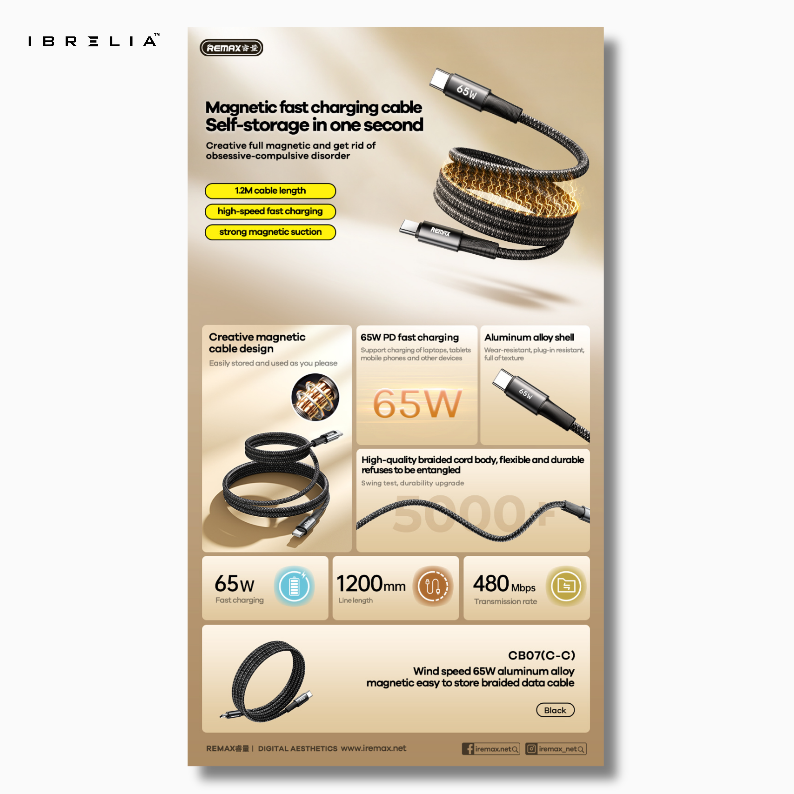 REMAX CB07 65W Magnetic Braided Cable (Type-C to Type-C) | 1.2M Fast Charging | Easy-to-Store Design | IBRELIA™