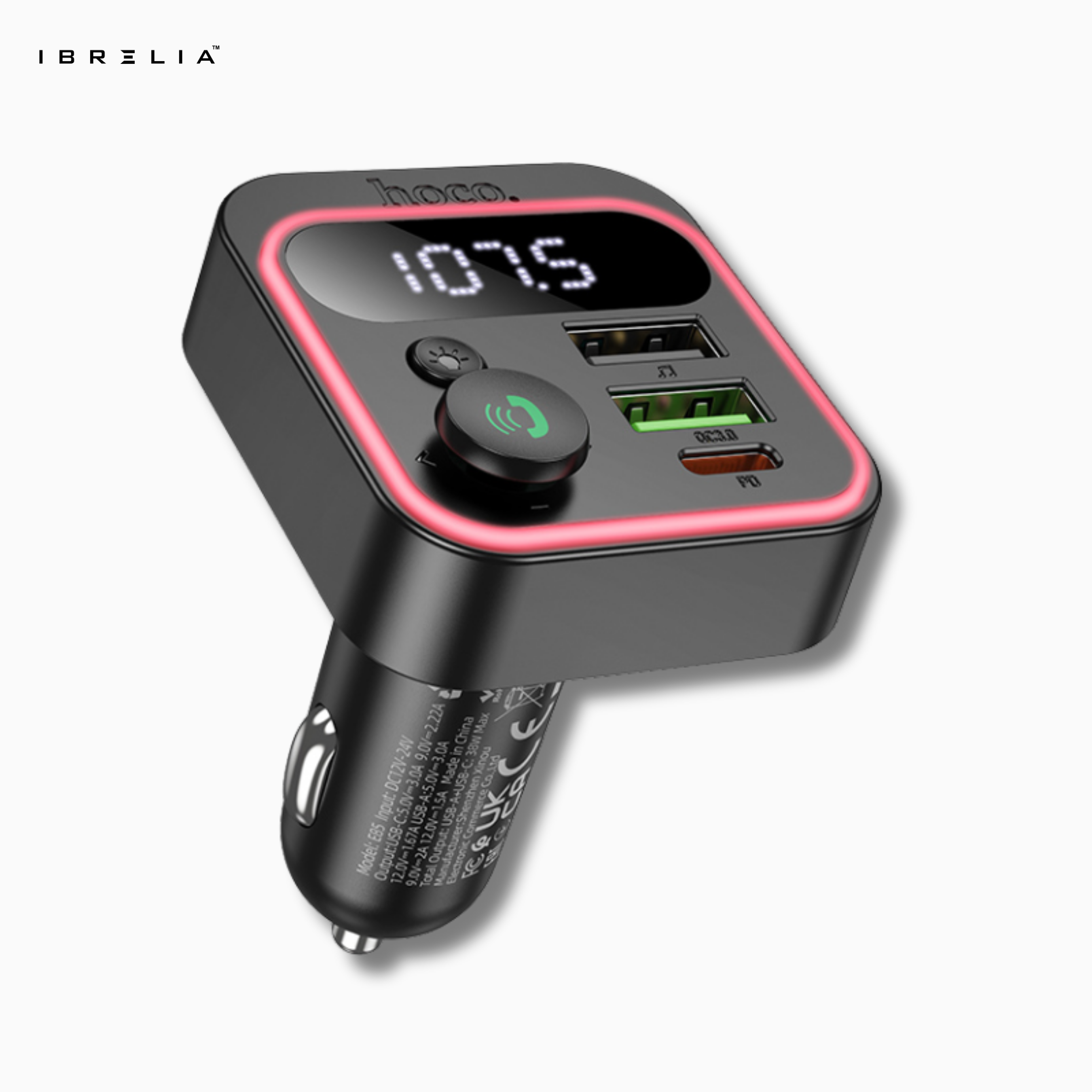 HOCO E85 38W High Power In-Car Wireless FM Transmitter – Bluetooth 5.3 Fast Charging Car Adapter | IBRELIA™