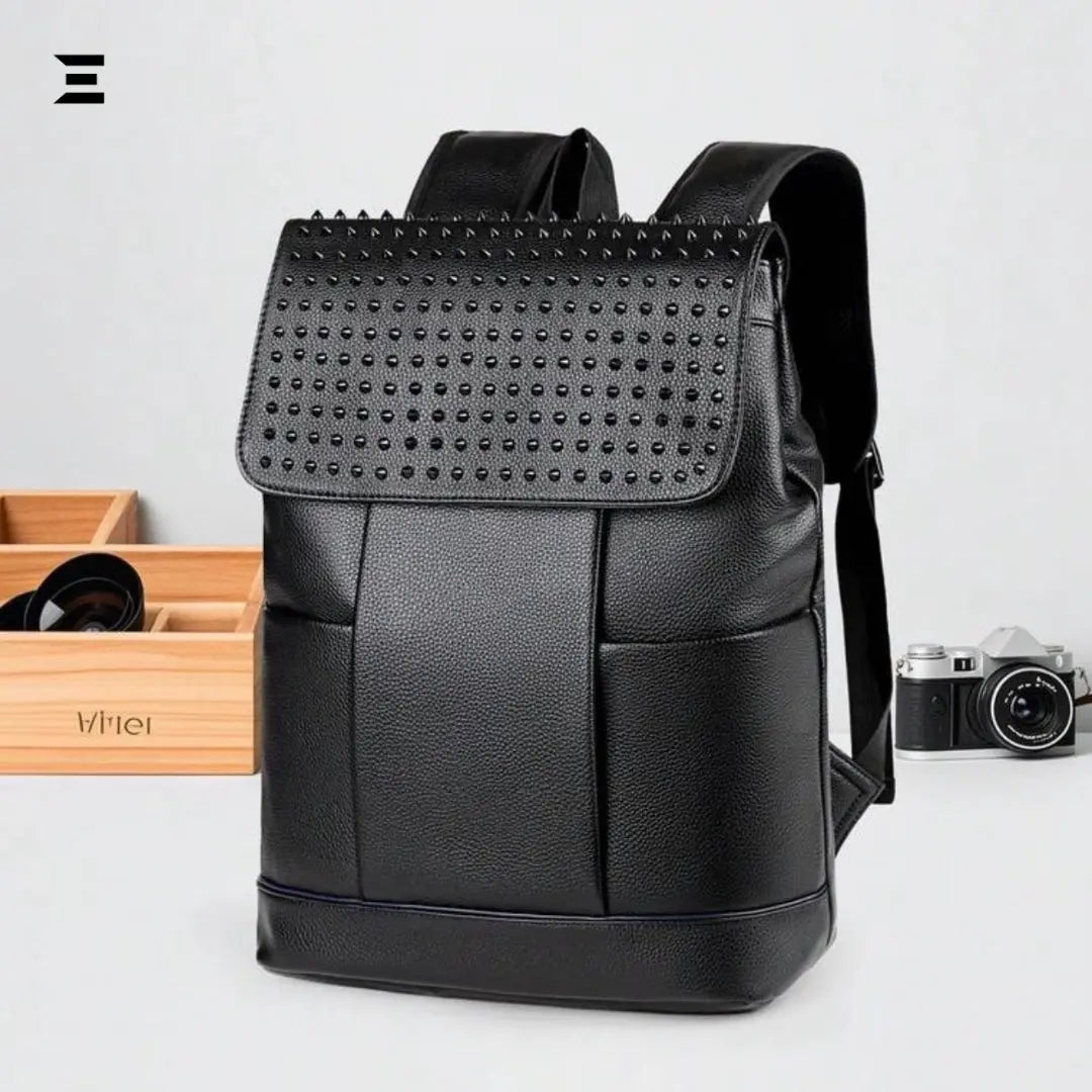 IBRELIA™ Men’s Black Studded Backpack | Premium PU Leather, Lightweight Travel & Office Bag IBRELIA