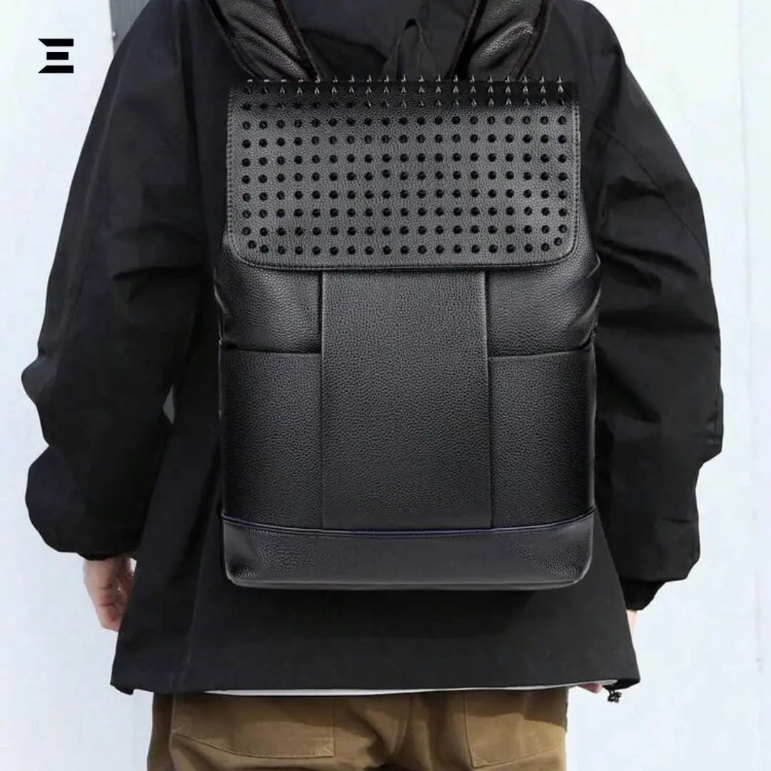 IBRELIA™ Men’s Black Studded Backpack | Premium PU Leather, Lightweight Travel & Office Bag IBRELIA