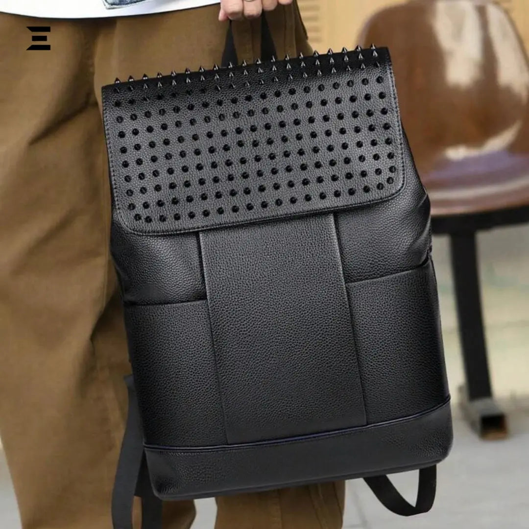 IBRELIA™ Men’s Black Studded Backpack | Premium PU Leather, Lightweight Travel & Office Bag IBRELIA