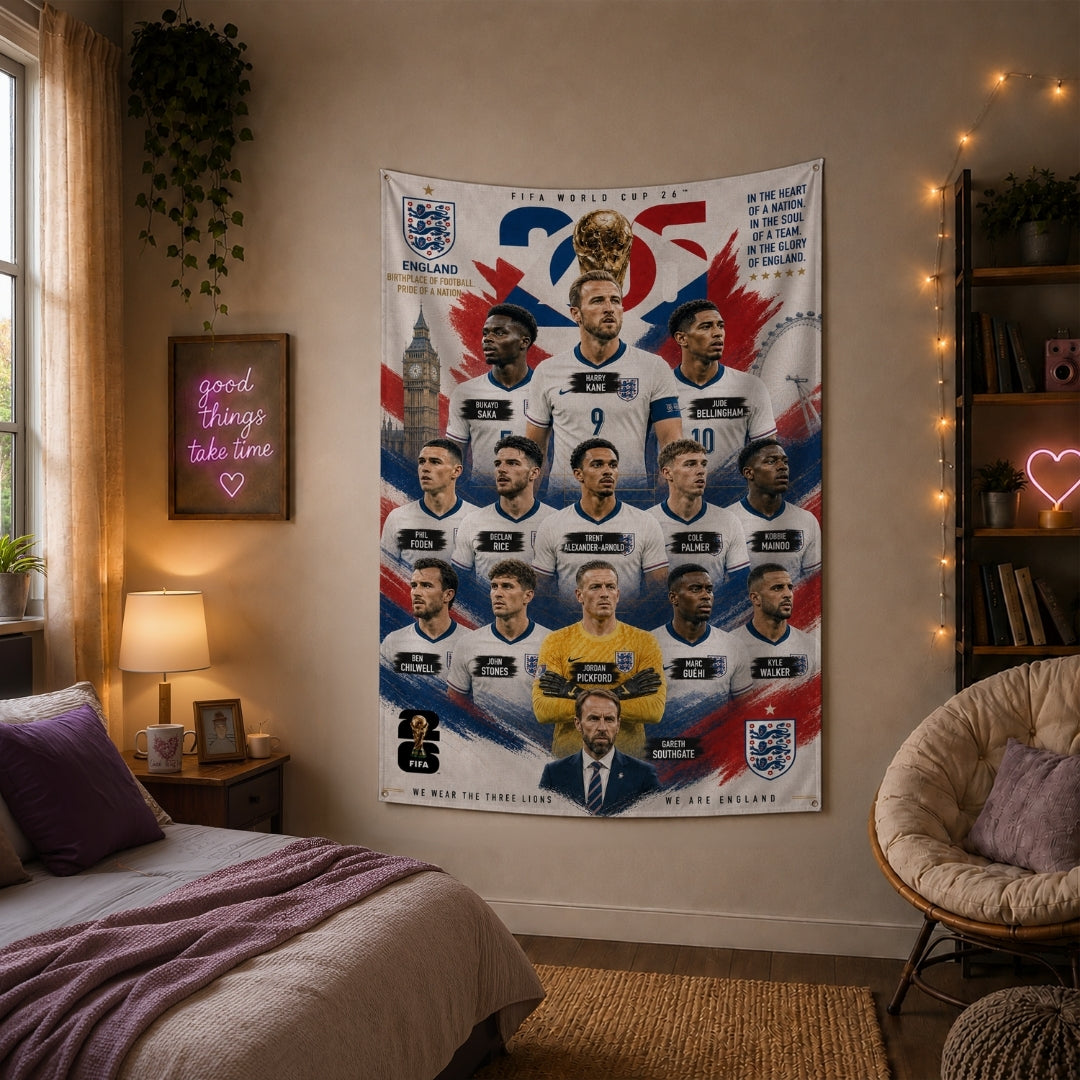 England National Team – FIFA World Cup 2026 Squad – Premium Jute Fabric Tapestry – IBRELIA™