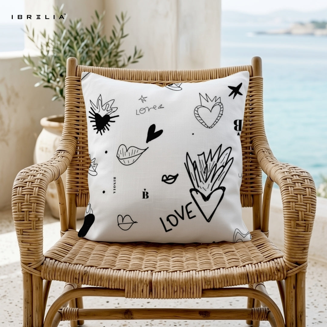 Minimal Love Doodle Cushion – 15x15 Inch Decorative Pillow | Black & White Artistic Cushion | Double-Sided Print | Premium Fibre Filling | IBRELIA™ IBRELIA