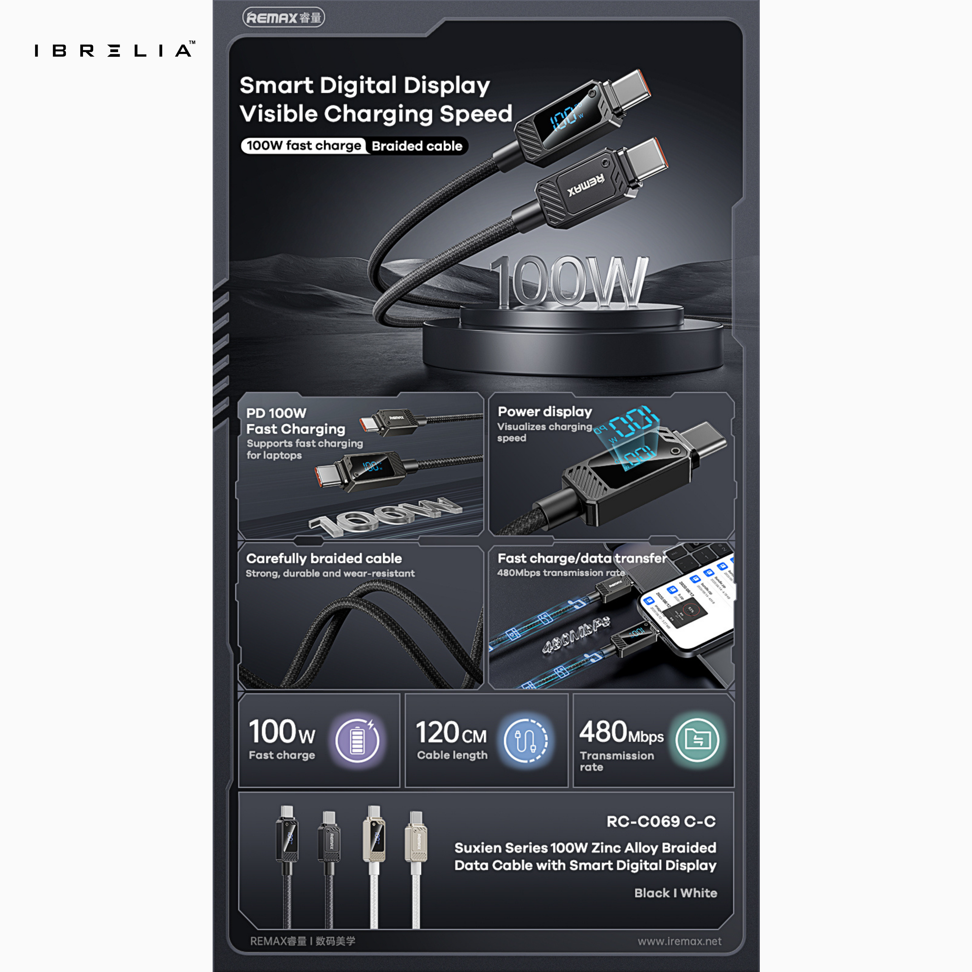 REMAX Suxien RC-C069 100W Zinc Alloy Fast Charging Cable (Type-C to Type-C) | Digital Display | 1.2M Braided Cable | IBRELIA™