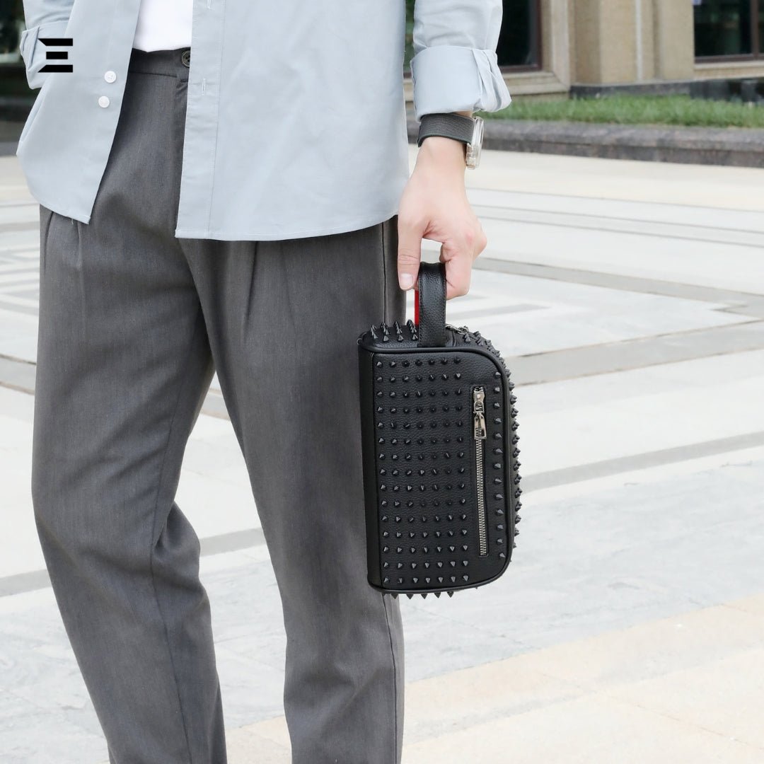 Elegant Black Rivet Leather Wrist Clutch – Unisex Evening & Party Bag IBRELIA™ - IBRELIA