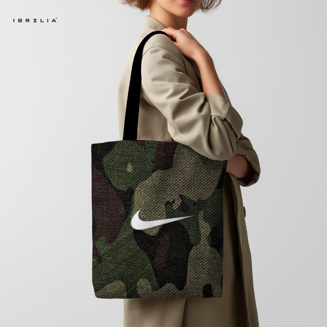 IBRELIA™ Urban Camo Premium Jute Tote Bag with Velvet Handles, Satin Lining & Inner Zip Pocket IBRELIA