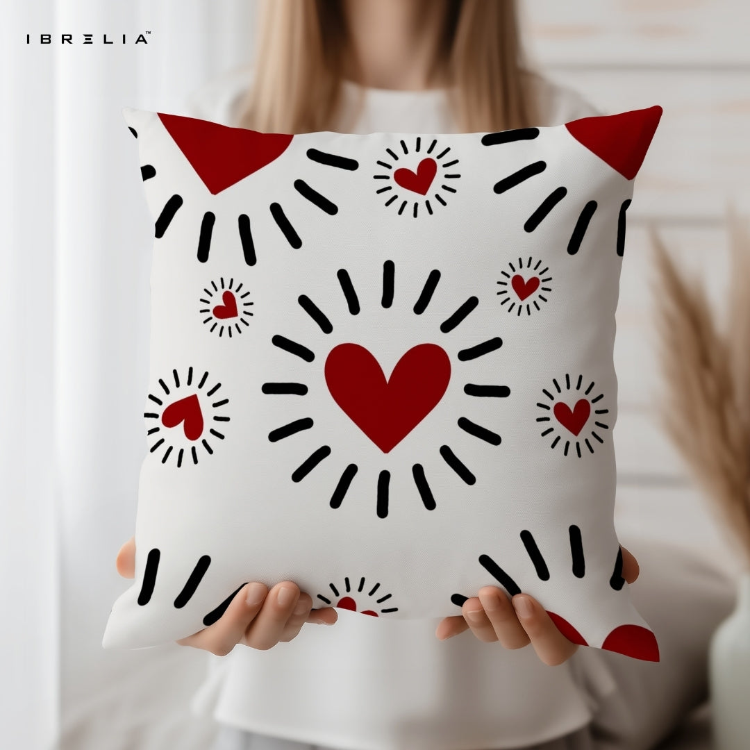 Red Heart Pattern Cushion – 15x15 Inch Decorative Pillow | Love Theme Cushion | Double-Sided Print | Premium Fibre Filling | IBRELIA™ IBRELIA