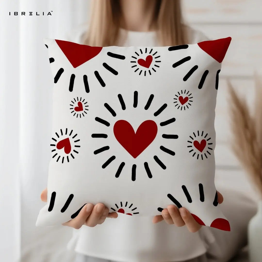 Red Heart Pattern Cushion – 15x15 Inch Decorative Pillow | Love Theme Cushion | Double-Sided Print | Premium Fibre Filling | IBRELIA™ IBRELIA