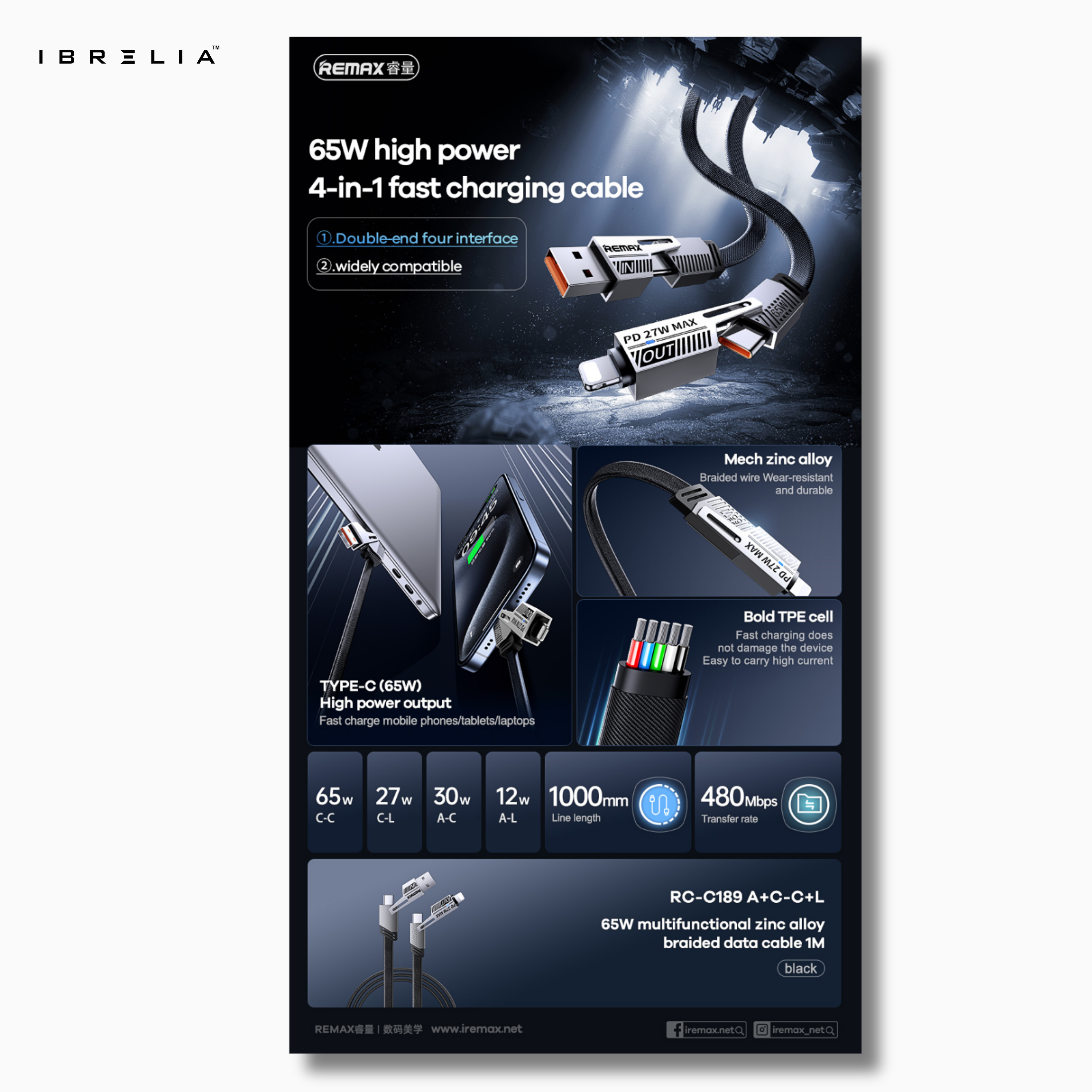 REMAX RC-C189 65W Fast Charging Cable | Multi-Functional Zinc Alloy Braided | USB-A to Type-C | 1M | IBRELIA™ IBRELIA