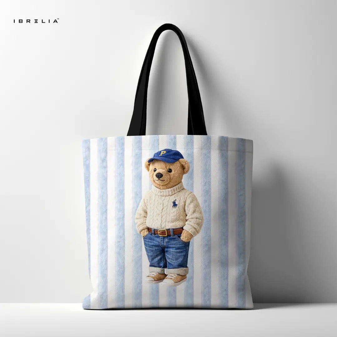 IBRELIA™ Classic Teddy Bear Tote Bag – Blue Stripe Premium Jute Tote with Velvet Handles & Inner Zip Pocket IBRELIA