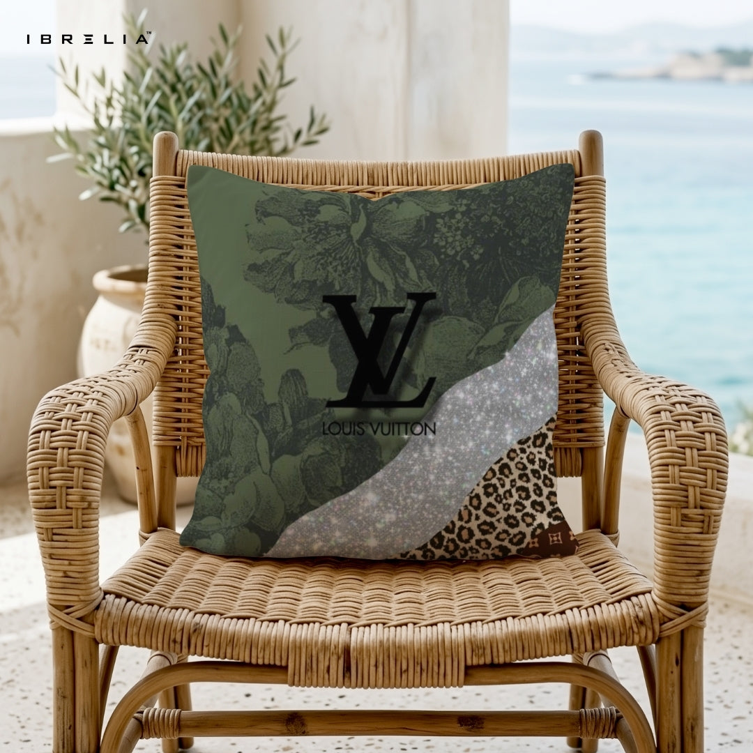 Luxury Green Patchwork Cushion 15x15 Inch | Floral & Leopard Designer Pillow | IBRELIA™ IBRELIA