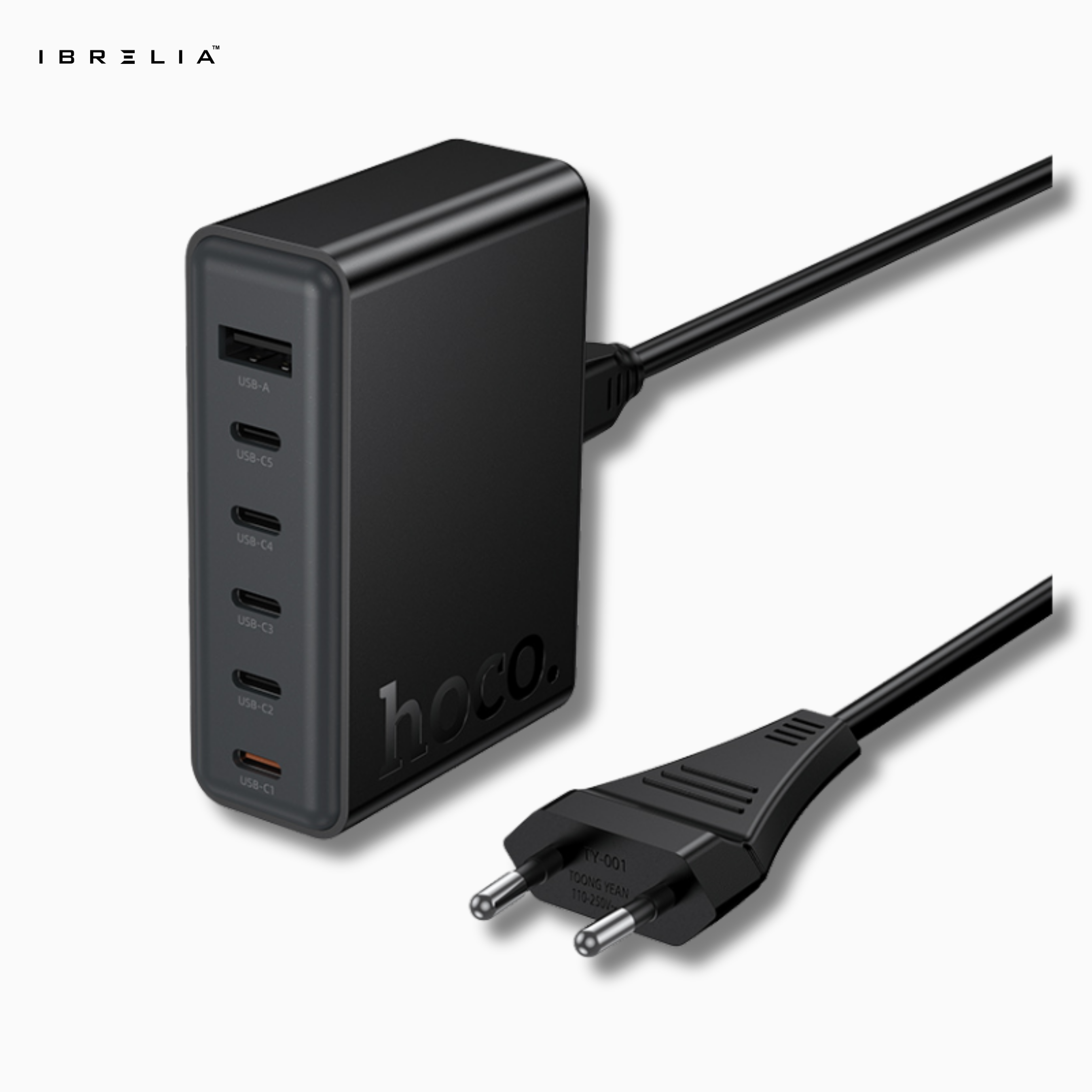 HOCO C150A Modern PD45W 6-Port Desktop Charger (5× Type-C + 1× USB-A | 45W Intelligent Balance | EU Plug) | IBRELIA™
