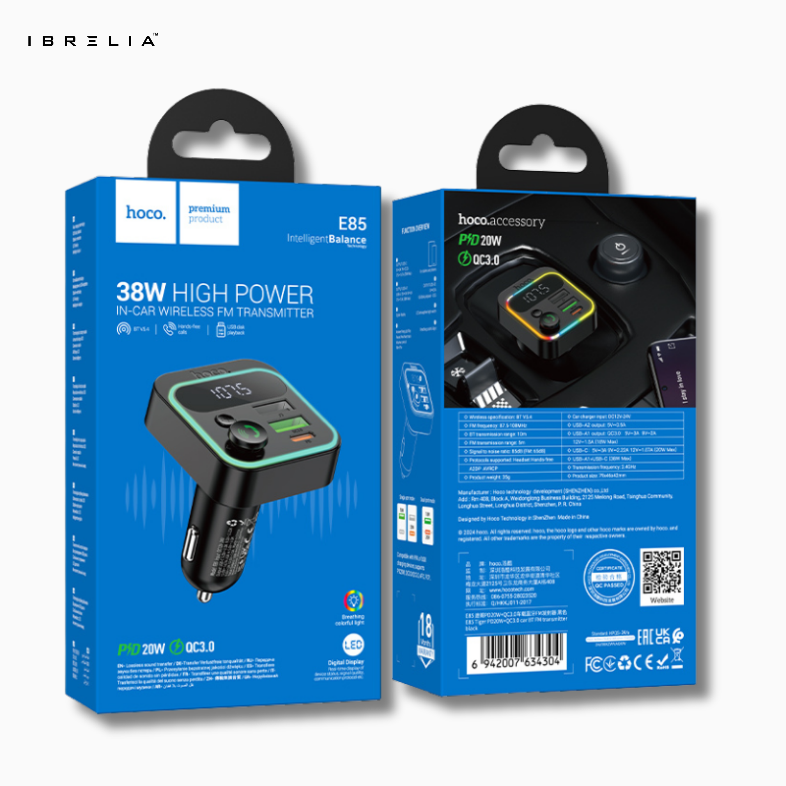 HOCO E85 38W High Power In-Car Wireless FM Transmitter – Bluetooth 5.3 Fast Charging Car Adapter | IBRELIA™