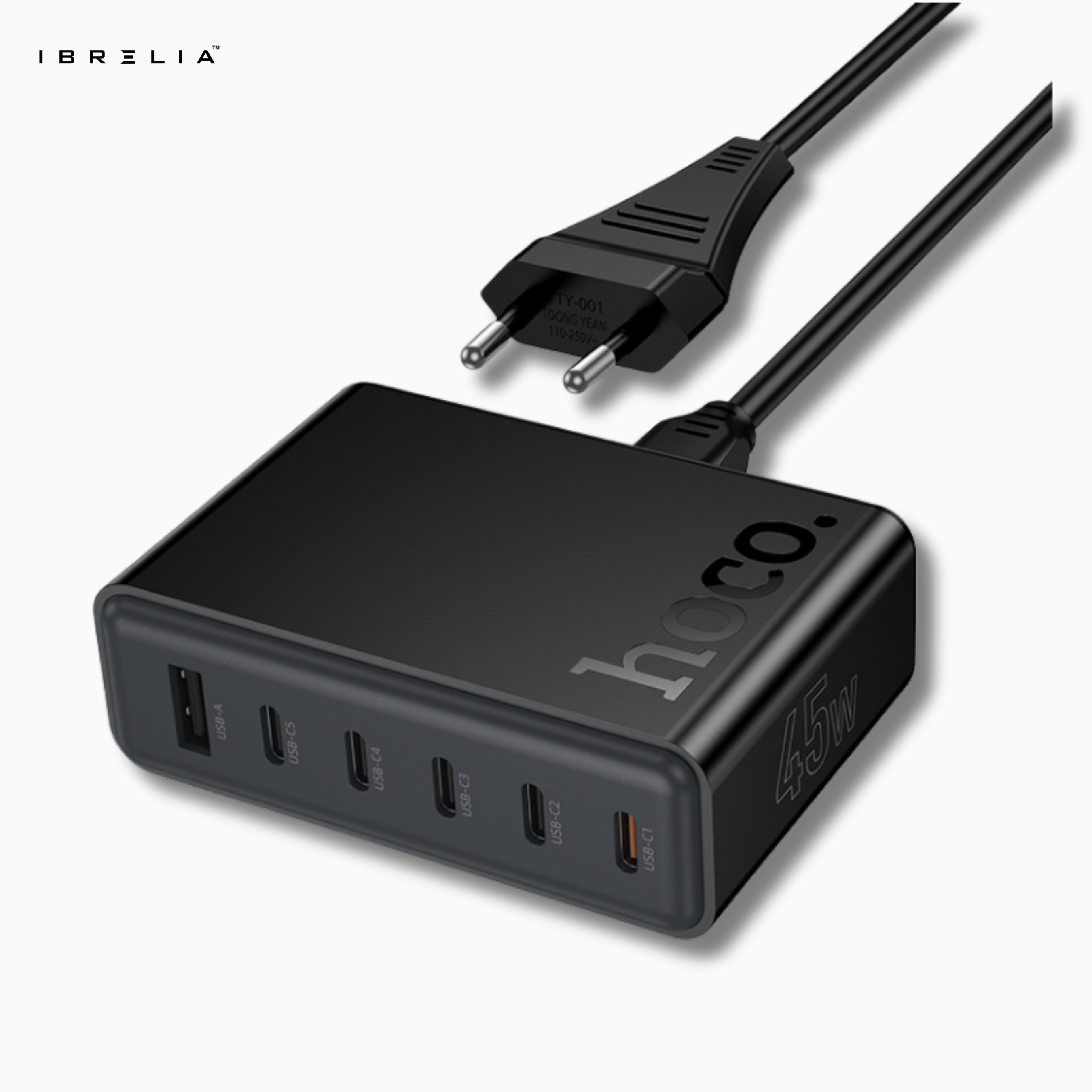 HOCO C150A Modern PD45W 6-Port Desktop Charger (5× Type-C + 1× USB-A | 45W Intelligent Balance | EU Plug) | IBRELIA™