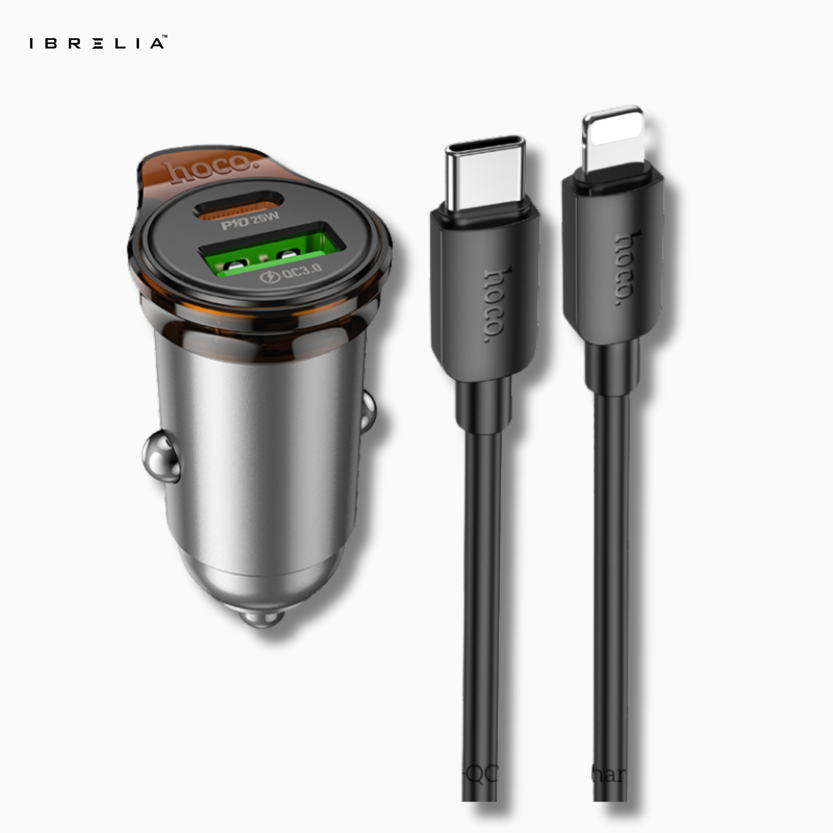 HOCO NZ16A Rigorous 43W Dual-Port PD25W + QC3.0 Car Charger Set (C to iP) | Mini Fast Charger | IBRELIA™