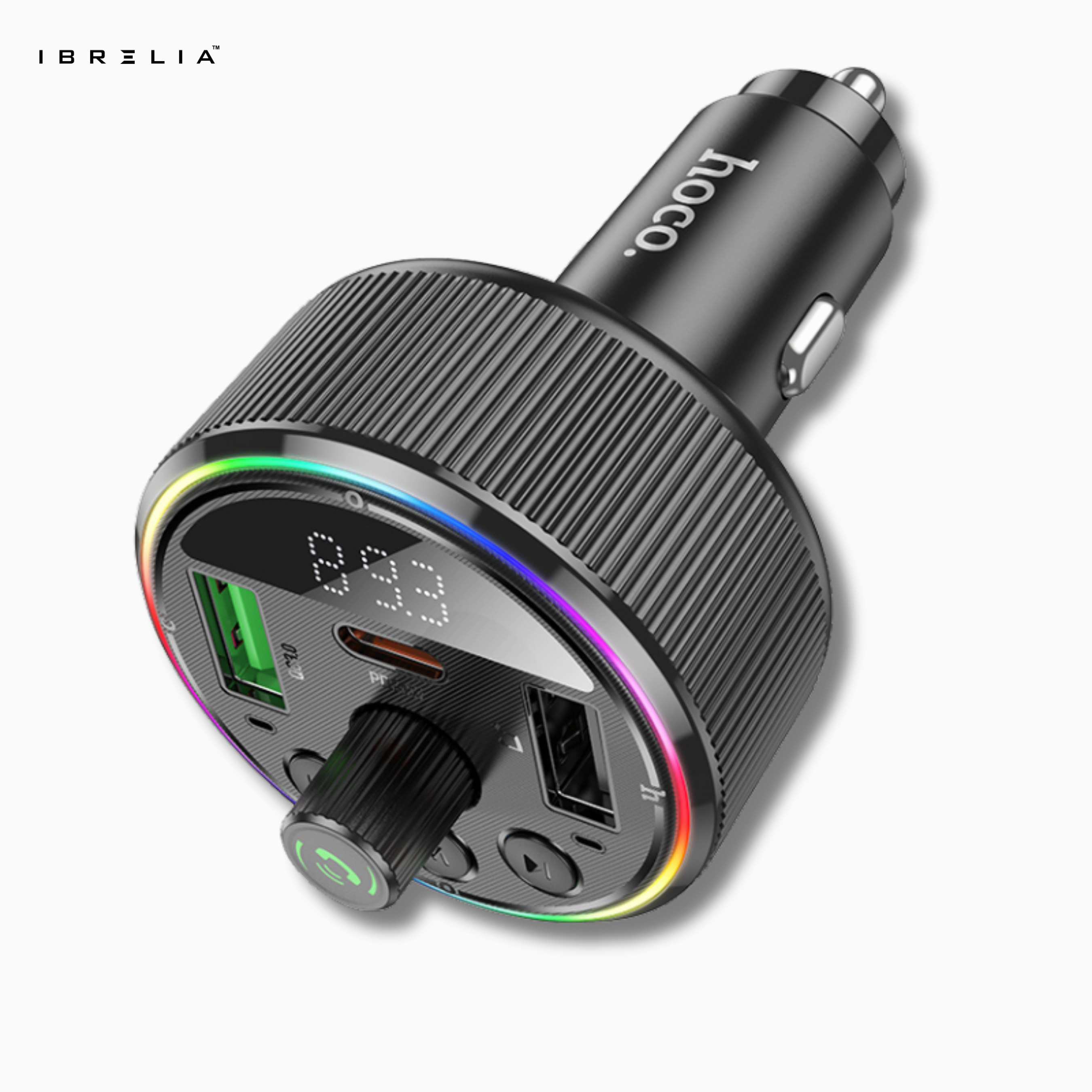 HOCO E82 PD30W + QC3.0 In-Car Wireless FM Transmitter – Bluetooth 5.3 Fast Charging Car Adapter | IBRELIA™