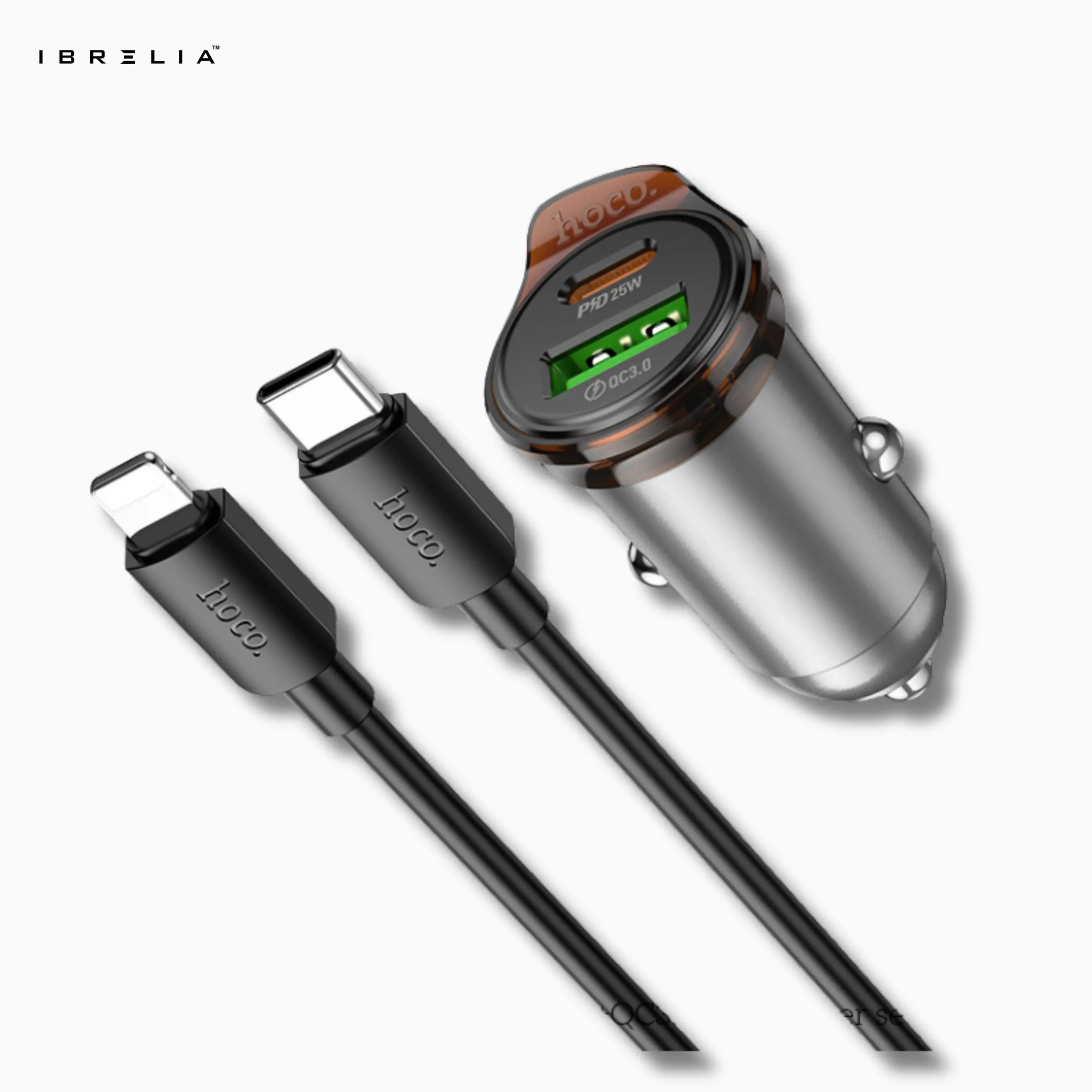 HOCO NZ16A Rigorous 43W Dual-Port PD25W + QC3.0 Car Charger Set (C to iP) | Mini Fast Charger | IBRELIA™ IBRELIA