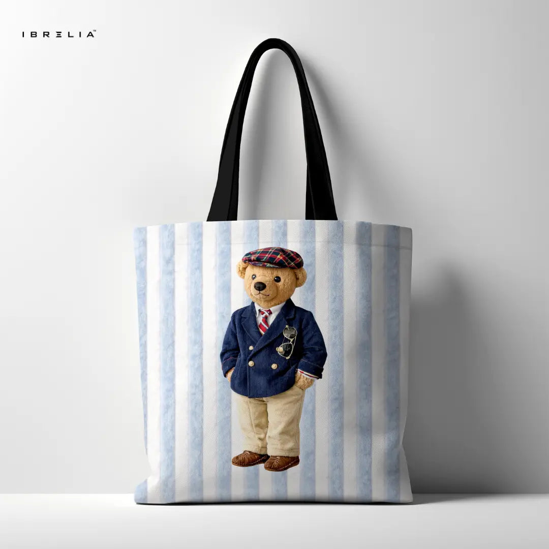 IBRELIA™ Gentleman Teddy Tote Bag – Blue Stripe Premium Jute Tote with Velvet Handles & Inner Zip Pocket IBRELIA