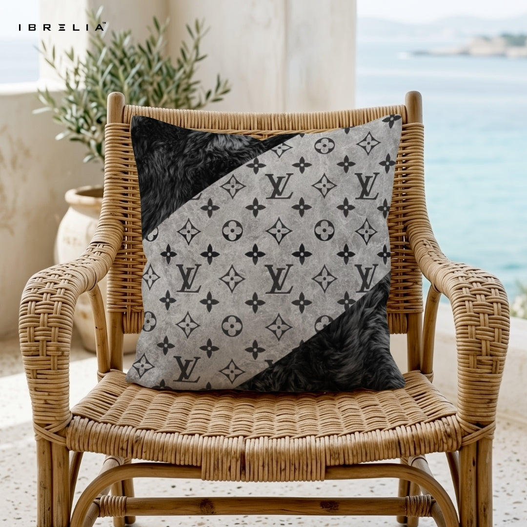 Luxury Black & Grey Patchwork Cushion 15x15 Inch | Monogram Designer Pillow | IBRELIA™ IBRELIA