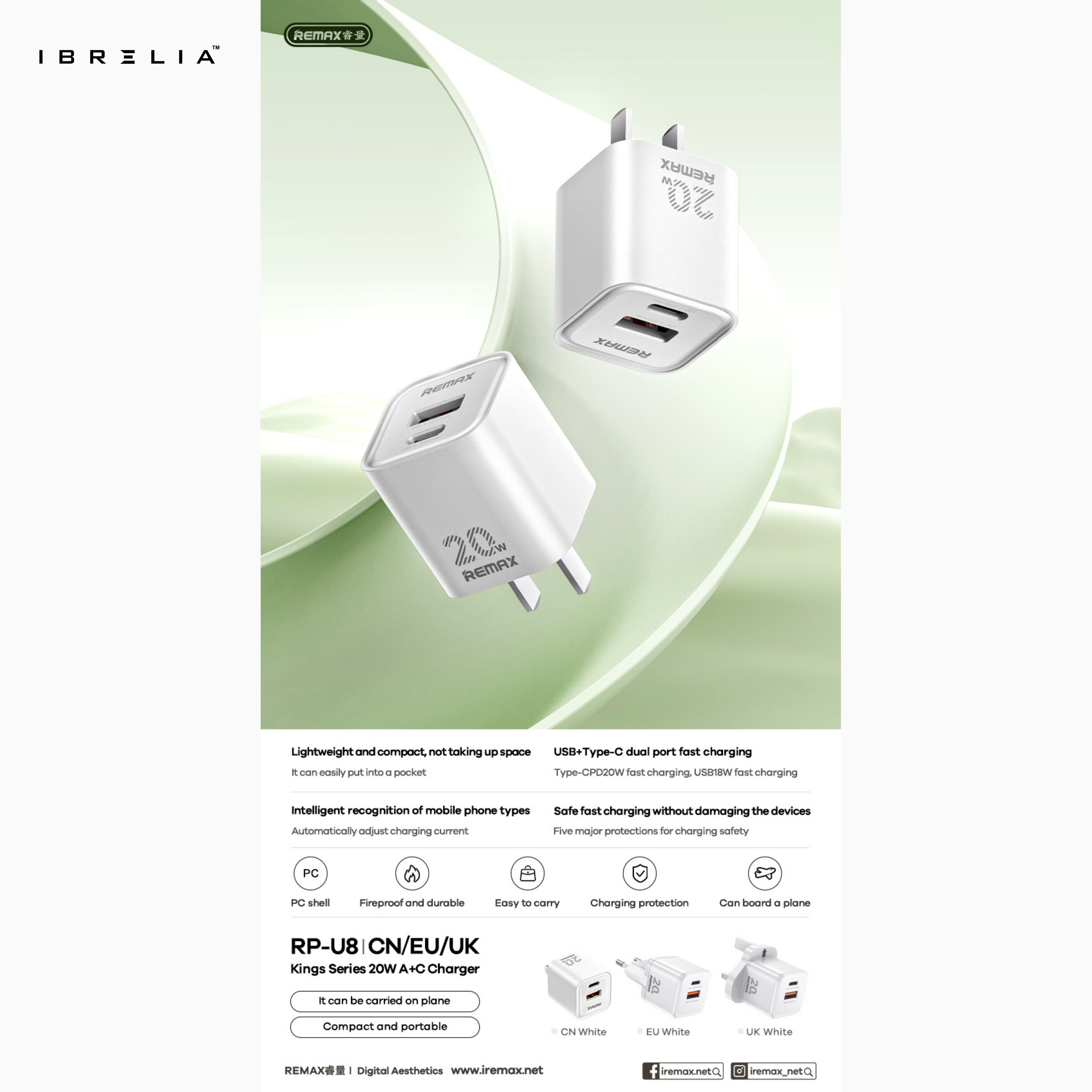 REMAX Kings Series 20W A+C Fast Charger RP-U8 | Dual Port Wall Charger | IBRELIA™ IBRELIA
